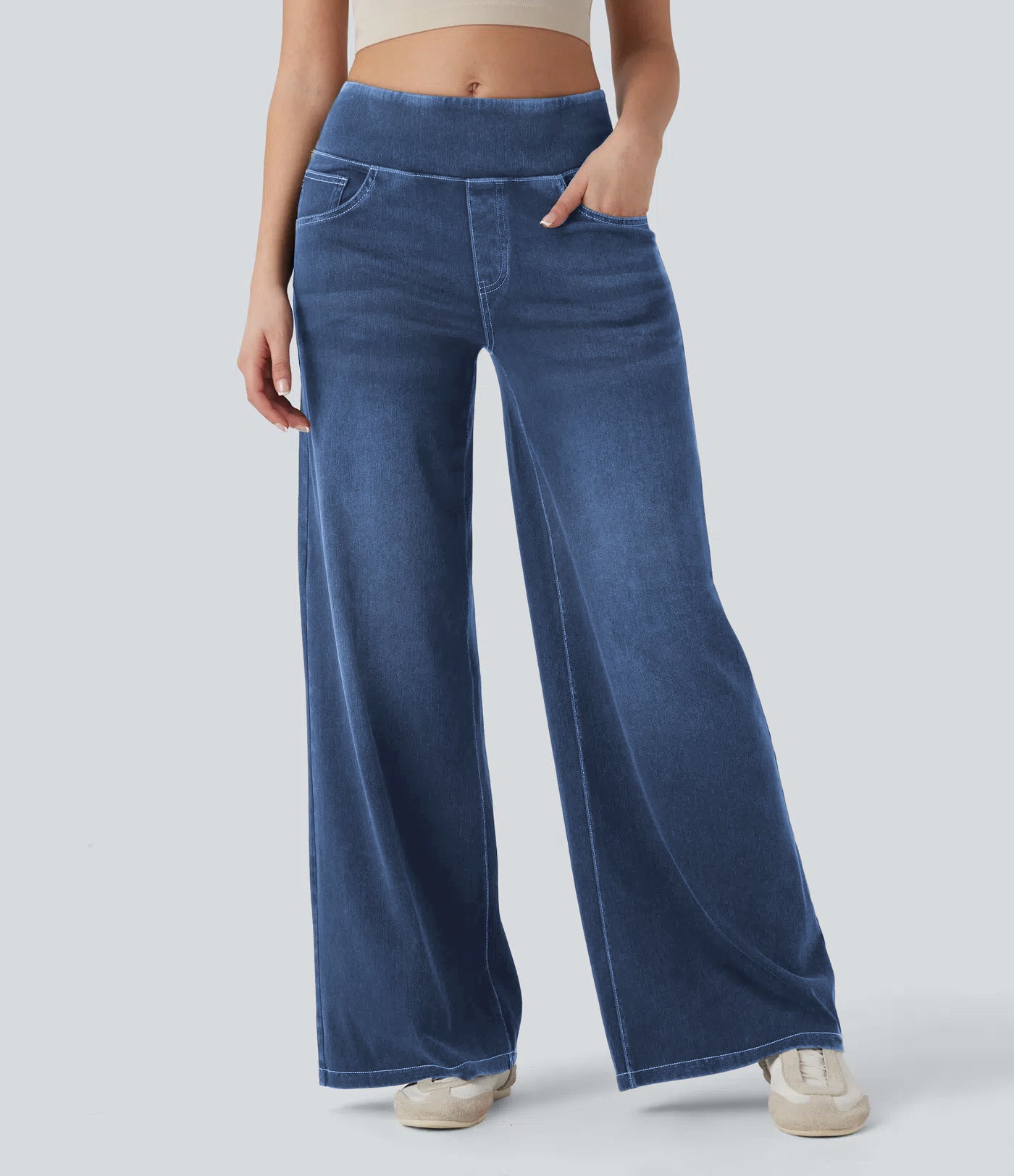 High-waisted Loose-fit Stretchy Wide-leg Jeans For Women