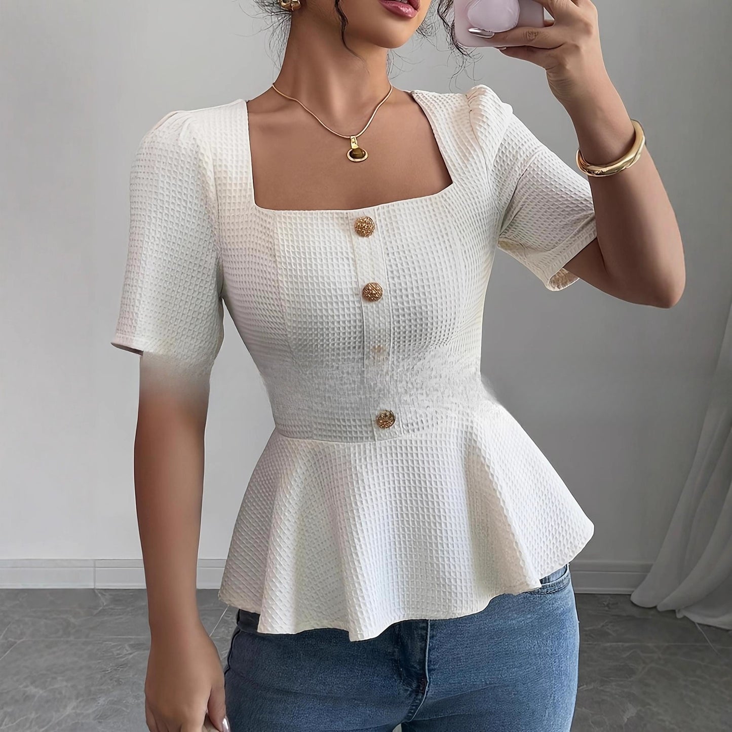 Blusa Cuello Cuadrado con Mangas Abullonadas